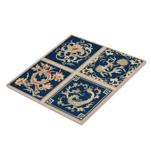 Traditional China Orange Ink Flower Art 4 Ceramic Tile