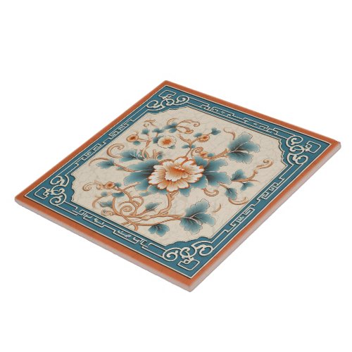 Traditional China Orange Ink Flower Art 7 Ceramic Tile