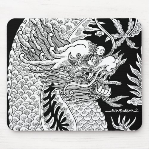 Traditional Chinese Dragon Black and White Sketch Mouse Pad