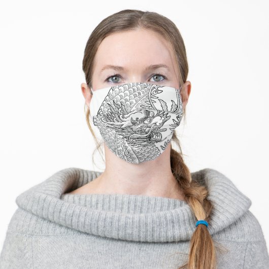 Traditional Chinese Dragon Black Drawing White Adult Cloth Face Mask (Worn)