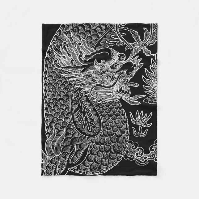 Traditional Chinese Dragon Drawing Black Fleece Blanket (Front)
