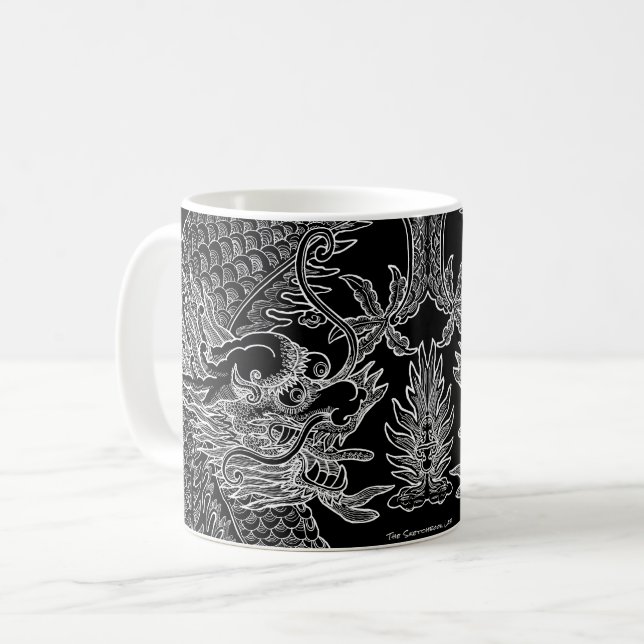 Traditional Chinese Dragon Drawing Black White Coffee Mug (Front Left)
