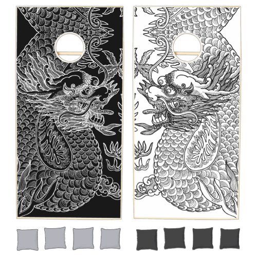 Traditional Chinese Dragon Drawing Black White Cornhole Set