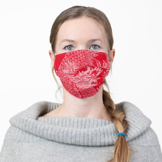 Traditional Chinese Dragon Drawing Red Adult Cloth Face Mask (Worn)