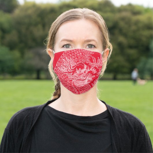 Traditional Chinese Dragon Drawing Red Adult Cloth Face Mask (Outside)
