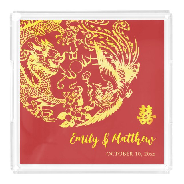 Traditional Chinese Dragon Phoenix logo wedding  Acrylic Tray (Front)