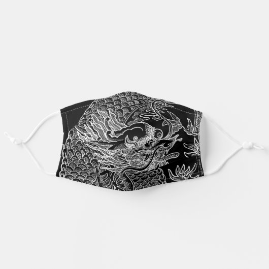 Traditional Chinese Dragon White Drawing Black Adult Cloth Face Mask (Front, Unfolded)