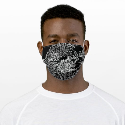 Traditional Chinese Dragon White Drawing Black Adult Cloth Face Mask (Worn)