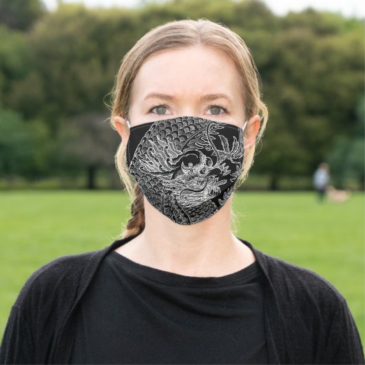 Traditional Chinese Dragon White Drawing Black Adult Cloth Face Mask (Outside)