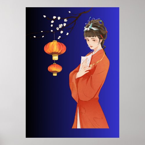 Traditional Chinese Hanfu Woman with Lanterns Art Poster