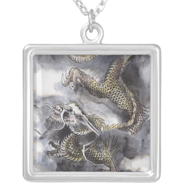 Traditional Chinese Painting, Year Of The Dragon 4 Silver Plated Necklace (Front)
