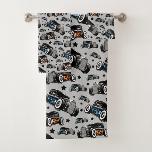 Traditional Chopped Hot Rod Coupe Racing Flames Bath Towel Set