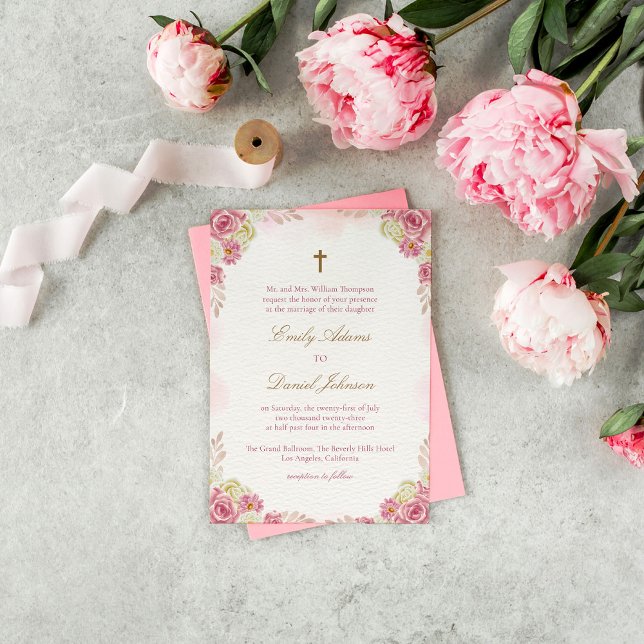 Traditional Christian Pink Floral Catholic Wedding Invitation (Creator Uploaded)
