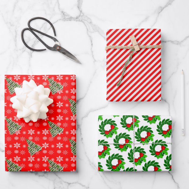 Traditional Christmas 3 Styles Set Wrapping Paper Sheets (Front)