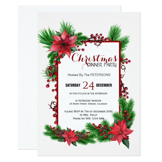 Traditional Christmas Dinner Party Red Poinsettia Invitation