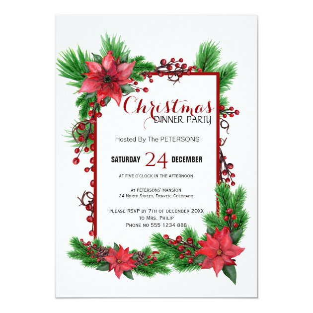 Traditional Christmas Dinner Party Red Poinsettia Invitation