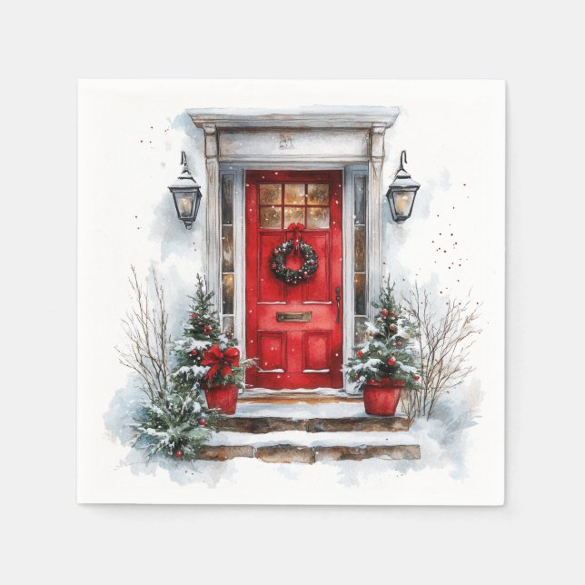 Traditional Christmas Holiday Welcome Red Door Napkins (Front)