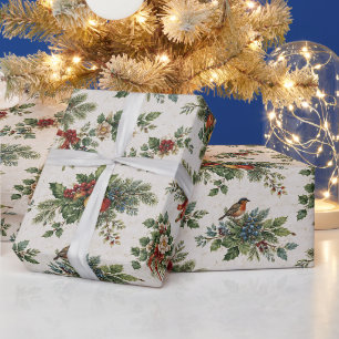 Traditional Christmas Holly and Winter Fruit Wrapping Paper