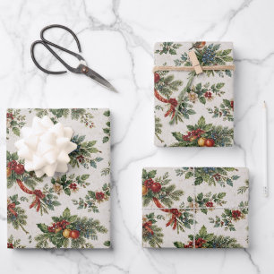 Traditional Christmas Holly and Winter Fruit Wrapping Paper Sheets