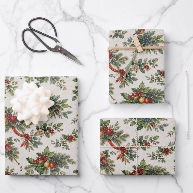 Traditional Christmas Holly and Winter Fruit Wrapping Paper Sheets (Front)