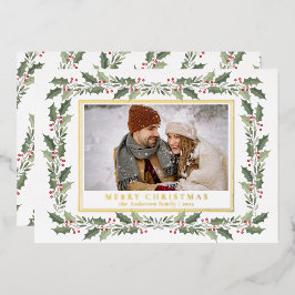 Traditional Christmas Holly Berries & Family Photo Foil Holiday Card