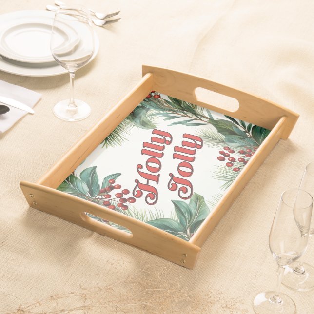 Traditional Christmas "Holly Jolly" Script  Serving Tray (Front)