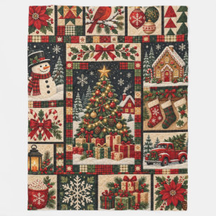 Traditional Christmas Patchwork Quilt Holiday Scen Fleece Blanket