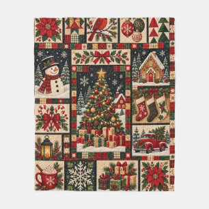 Traditional Christmas Patchwork Quilt Holiday Scen Fleece Blanket