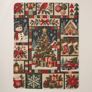 Traditional Christmas Patchwork Quilt Holiday Scen Sherpa Blanket