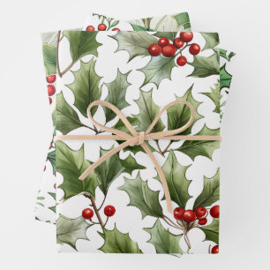 Traditional Christmas Pattern Mix, Holly Wrapping Paper Sheets
