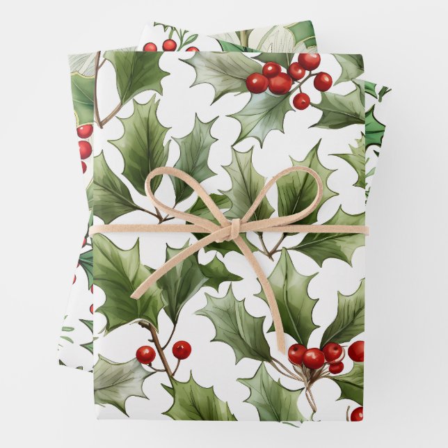 Traditional Christmas Pattern Mix, Holly Wrapping Paper Sheets (In situ)