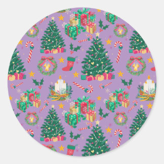 Traditional Christmas Pattern Purple Classic Round Sticker