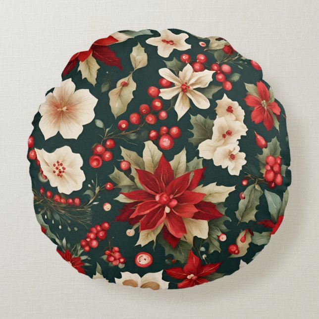 Traditional Christmas Pattern with Flowers Round Pillow (Front)