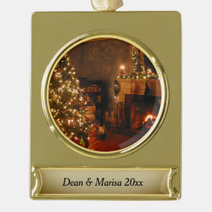 Traditional Christmas Personalize and Date Gold Plated Banner Ornament