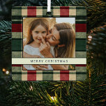Traditional Christmas Plaid 2 Photo Christmas Tree Metal Ornament<br><div class="desc">Celebrate the holiday season with a unique, double-sided ornament for your Christmas tree! This special, personalized decoration features two photos, one on each side, framed in traditional Christmas red, cream and green plaid and topped with a template greeting, your family name, and the date. Make your tree stand out with...</div>
