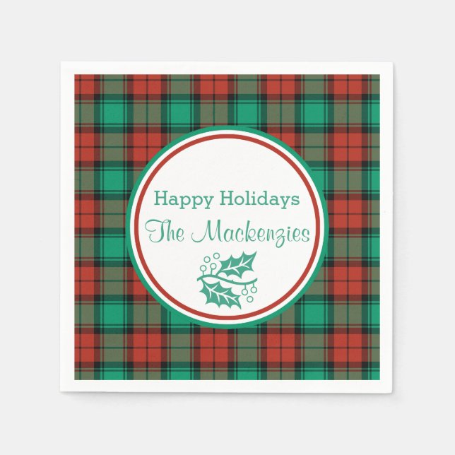 Traditional Christmas Plaid Pattern Personalized Paper Napkins (Front)