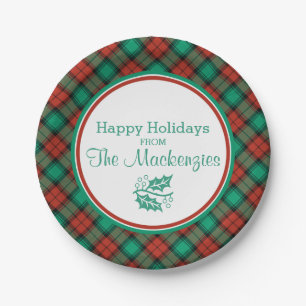 Traditional Christmas Plaid Pattern Personalized Paper Plates