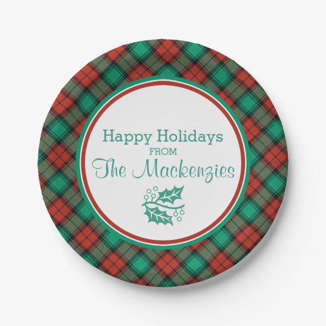 Traditional Christmas Plaid Pattern Personalized Paper Plates (Front)