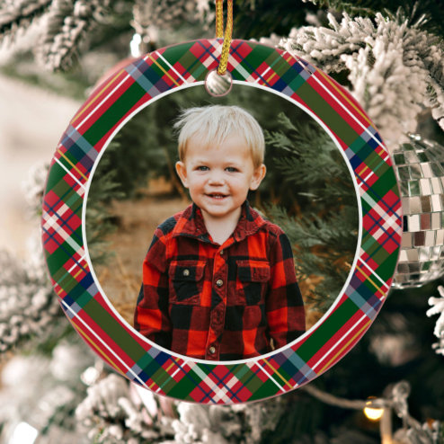 What Christmas looks like in 2026 - Pink Dramatic personalized gifts for you Traditional Christmas Plaid Photo Ceramic Ornament – populair kerstcadeau en kerstdecoratie 2026