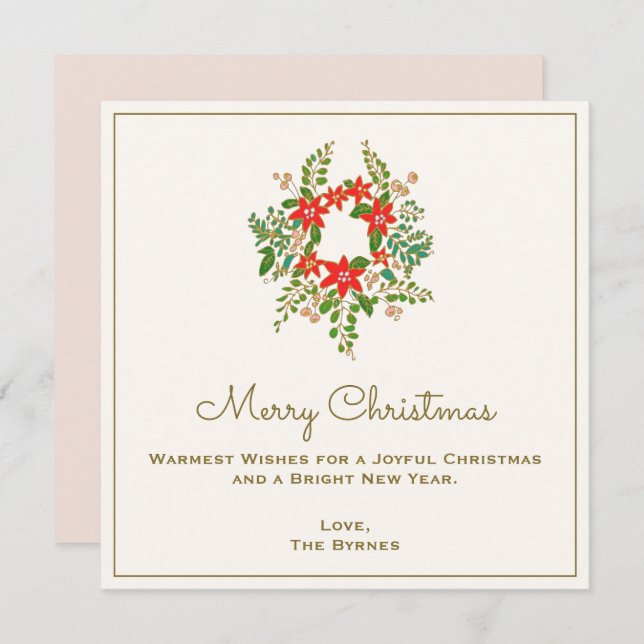 Traditional Christmas Poinsetta Wreath Note Card (Front/Back)