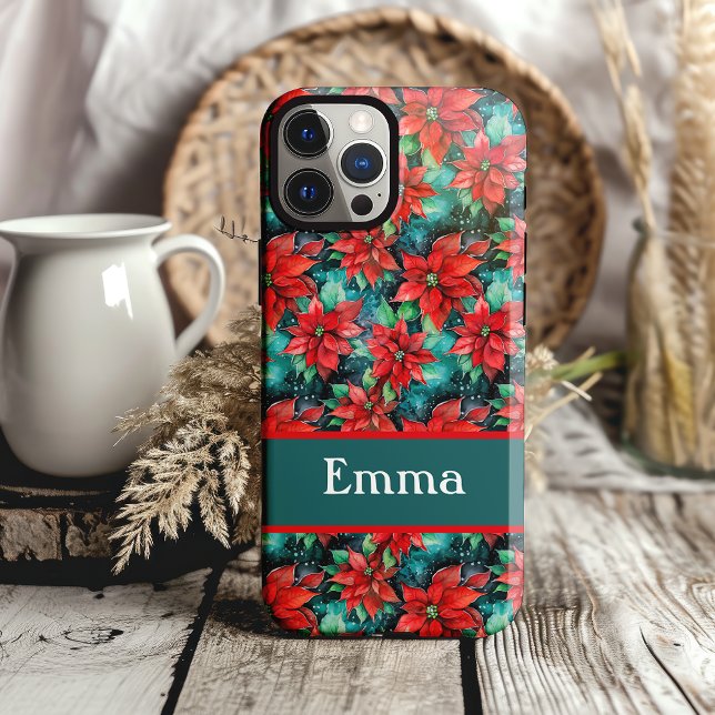 Traditional Christmas Poinsettias Pattern Pretty Case-Mate iPhone Case (pretty poinsettia background phone case for christmas holiday season)