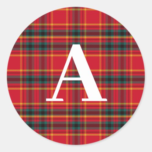 Traditional Christmas Red and Green Plaid Monogram Classic Round Sticker