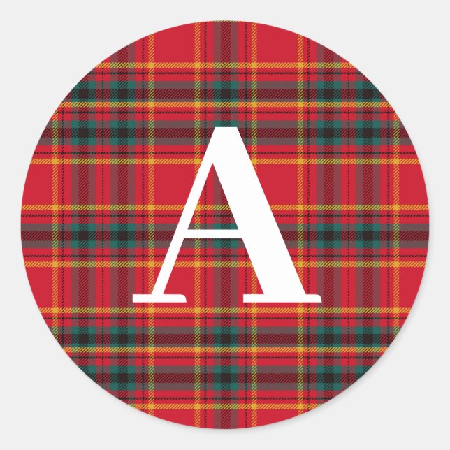 Traditional Christmas Red and Green Plaid Monogram Classic Round Sticker (Front)
