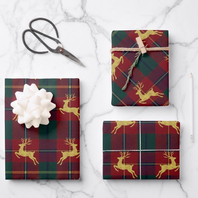 Traditional Christmas Reindeer Plaid Wrapping Paper Sheets (Front)