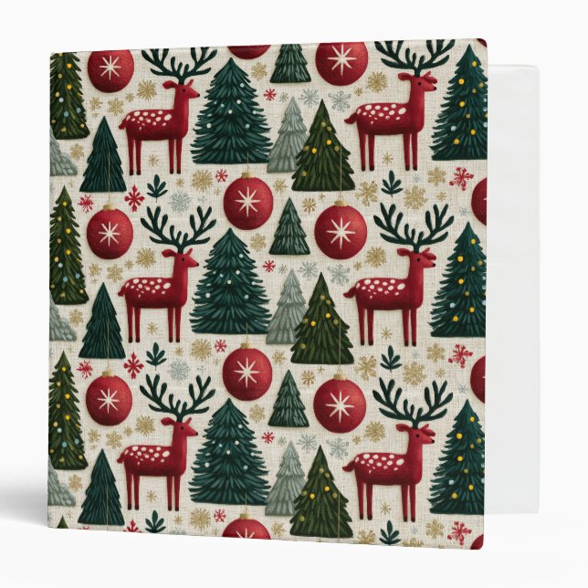 Traditional Christmas Reindeer Tree Pattern 3 Ring Binder (Front/Inside)
