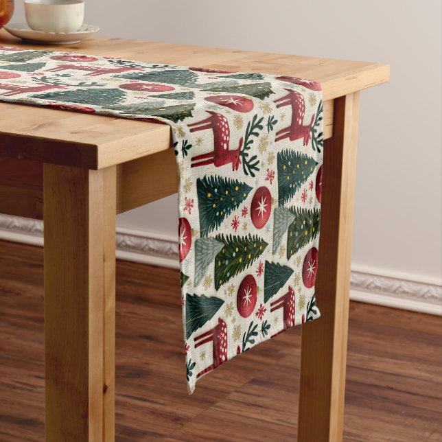 Traditional Christmas Reindeer Tree Pattern Short Table Runner (In Situ)