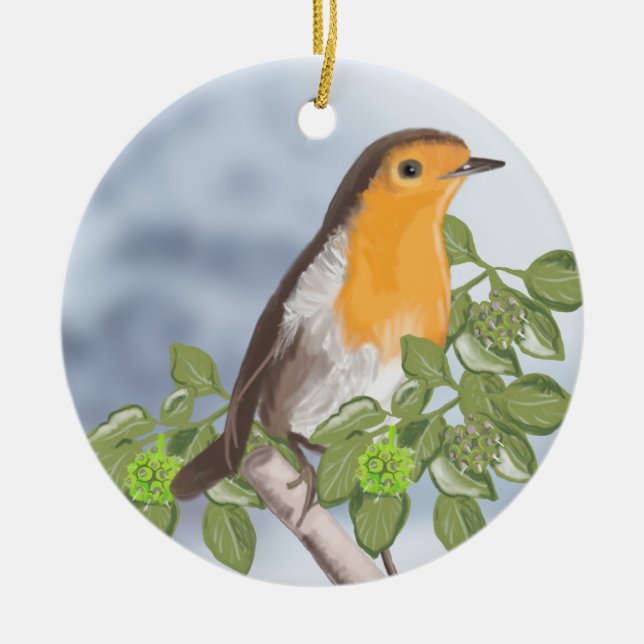 Traditional Christmas Robin and Ivy Ceramic Ornament (Front)