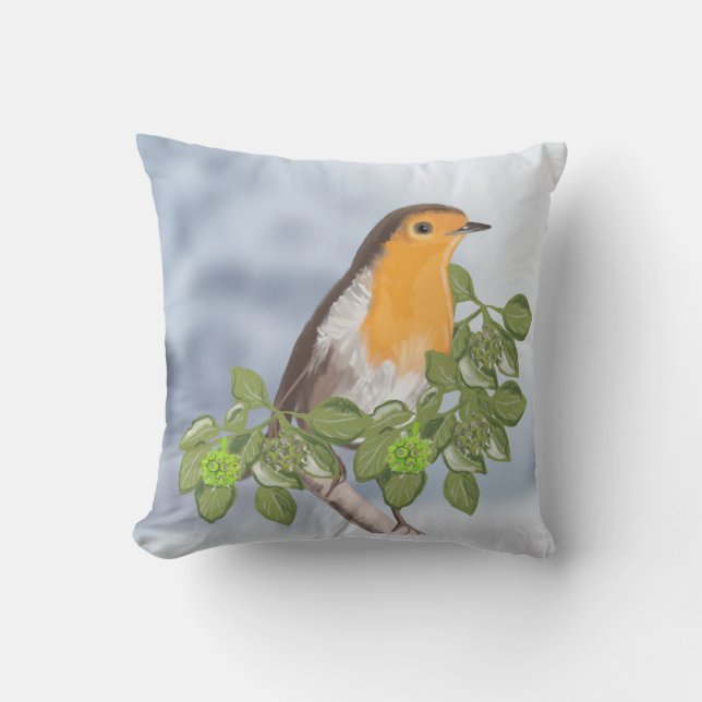 Traditional Christmas Robin and Ivy Throw Pillow (Front)
