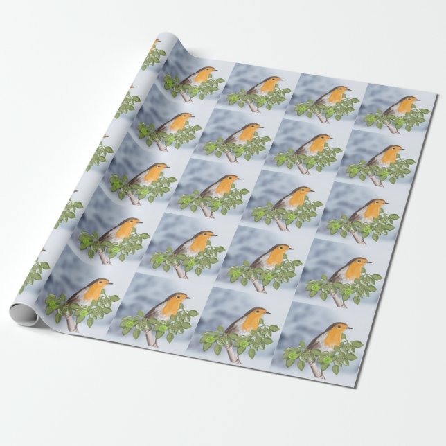 Traditional Christmas Robin and Ivy  Wrapping Paper (Unrolled)