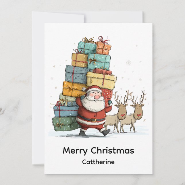 Traditional Christmas Santa Claus with Reindeer  Holiday Card (Front)